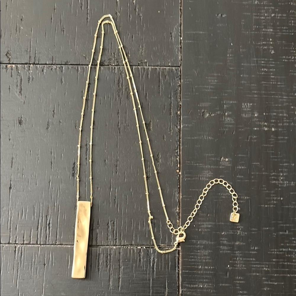 P L Long Hammered Bar Elegant Gold Necklace Signed